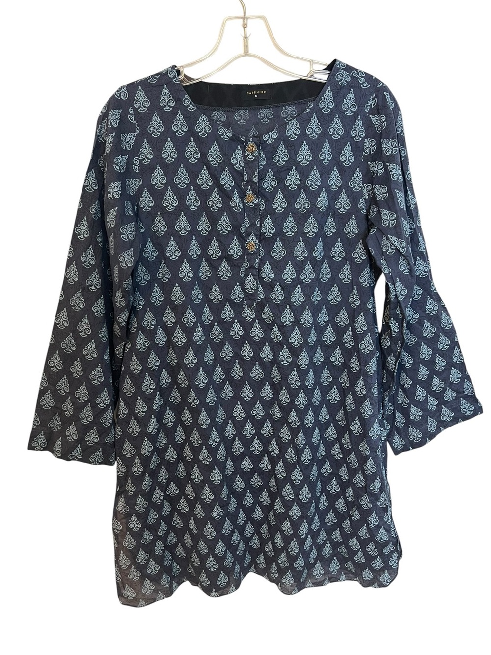 Sapphire Indigo Blue Cotton Kurti Tunic Top Block Print Bell Sleeve M Boho